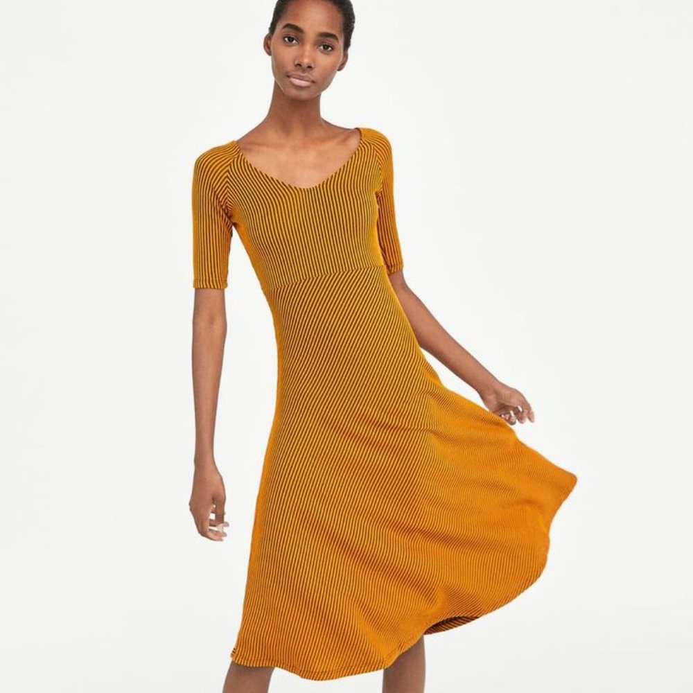 Zara Yellow and Black Diagonal Stripe Midi Dress